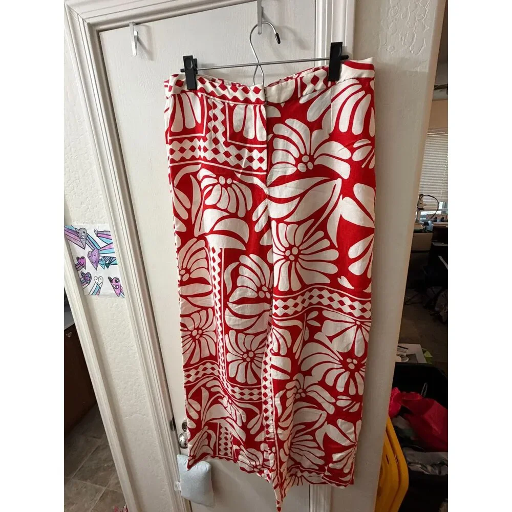 Women's Red & White Tropical Print Linen Blend Pants – Size 10 H&M